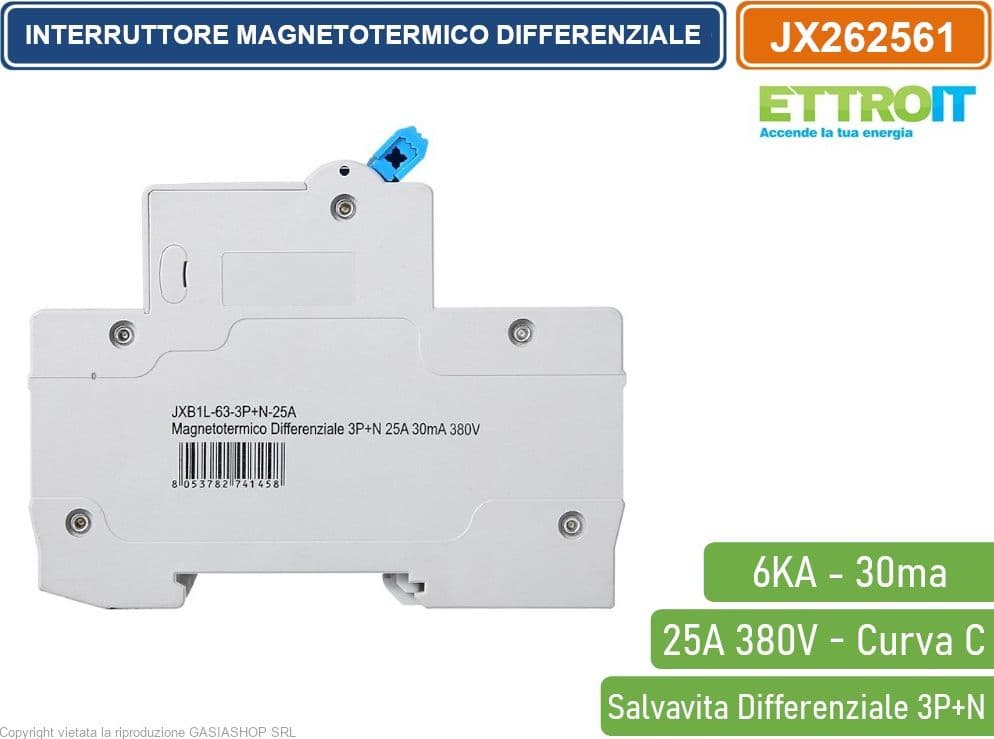 ETTROIT INTERRUTTORE MAGNETOTERMICO DIFFERENZIALE SALVAVITA PER BARRA DIN 4 MODULI 3P+N 25A C25 380V 30mA 6KA - 3