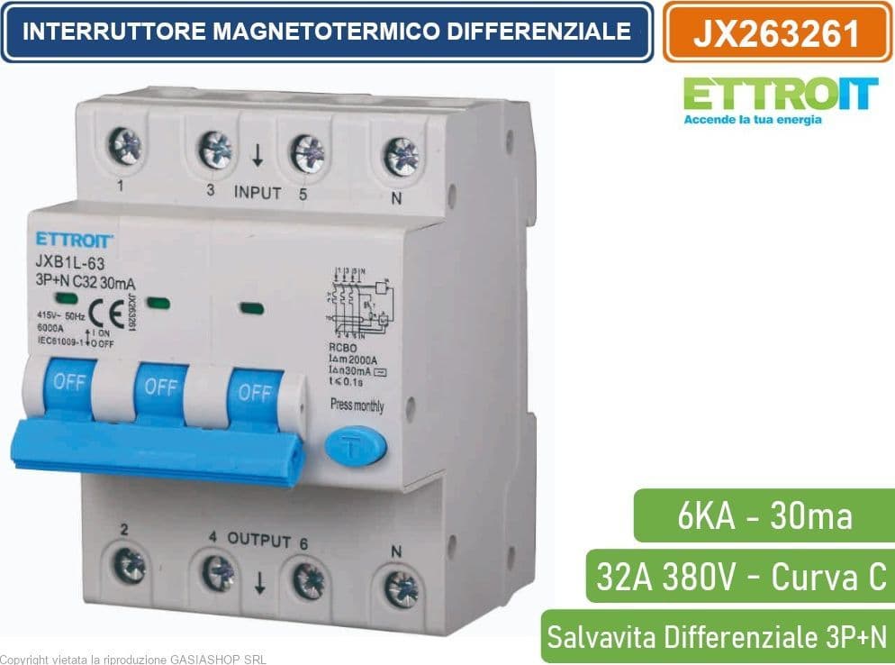 ETTROIT INTERRUTTORE MAGNETOTERMICO DIFFERENZIALE SALVAVITA PER BARRA DIN 4 MODULI 3P+N 32A C32 380V 30mA 6KA - 4