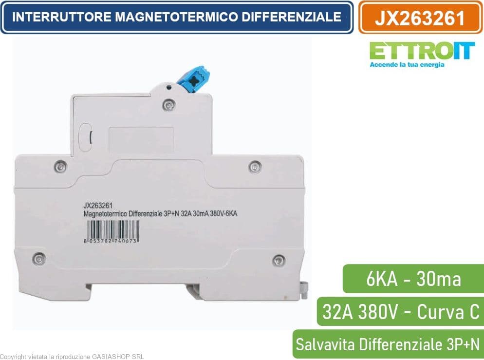 ETTROIT INTERRUTTORE MAGNETOTERMICO DIFFERENZIALE SALVAVITA PER BARRA DIN 4 MODULI 3P+N 32A C32 380V 30mA 6KA - 3