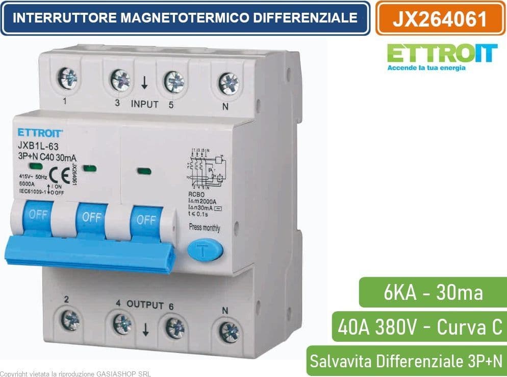ETTROIT INTERRUTTORE MAGNETOTERMICO DIFFERENZIALE SALVAVITA PER BARRA DIN 4 MODULI 3P+N 40A C40 380V 30mA 6KA - 4
