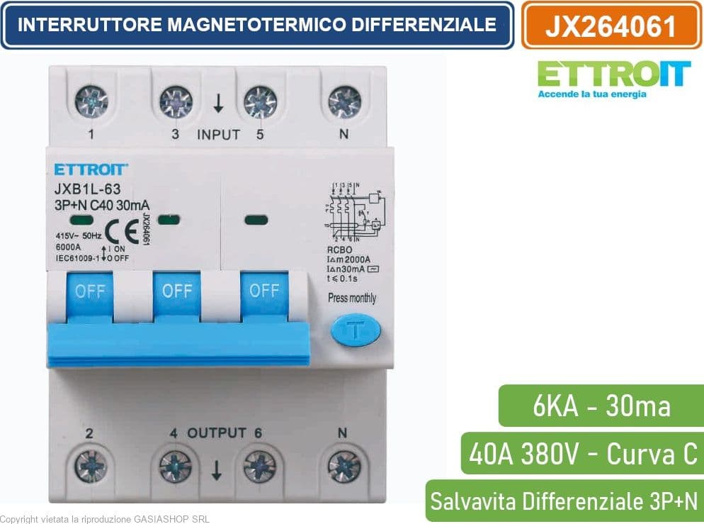ETTROIT INTERRUTTORE MAGNETOTERMICO DIFFERENZIALE SALVAVITA PER BARRA DIN 4 MODULI 3P+N 40A C40 380V 30mA 6KA - 2