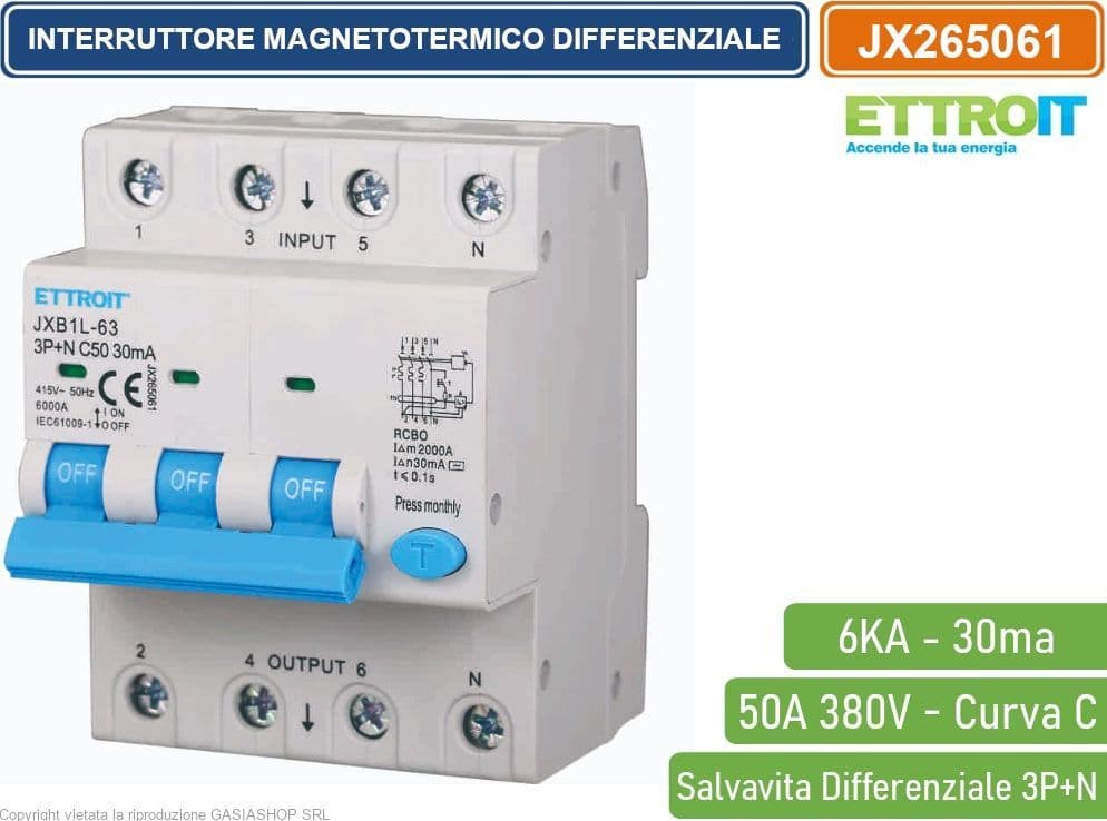 ETTROIT INTERRUTTORE MAGNETOTERMICO DIFFERENZIALE SALVAVITA PER BARRA DIN 4 MODULI 3P+N 50A C50 380V 30mA 6KA - 4