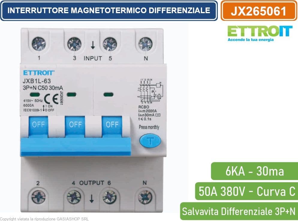 ETTROIT INTERRUTTORE MAGNETOTERMICO DIFFERENZIALE SALVAVITA PER BARRA DIN 4 MODULI 3P+N 50A C50 380V 30mA 6KA - 2