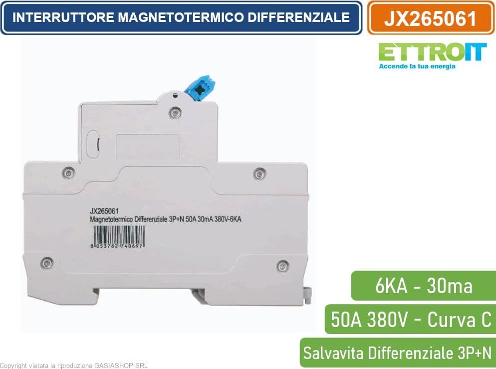 ETTROIT INTERRUTTORE MAGNETOTERMICO DIFFERENZIALE SALVAVITA PER BARRA DIN 4 MODULI 3P+N 50A C50 380V 30mA 6KA - 3
