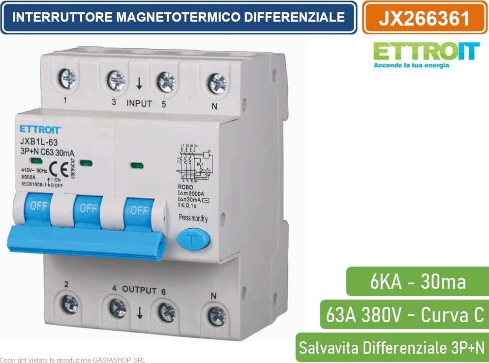 ETTROIT INTERRUTTORE MAGNETOTERMICO DIFFERENZIALE SALVAVITA PER BARRA DIN 4 MODULI 3P+N 63A C63 380V 30mA 6KA - 4