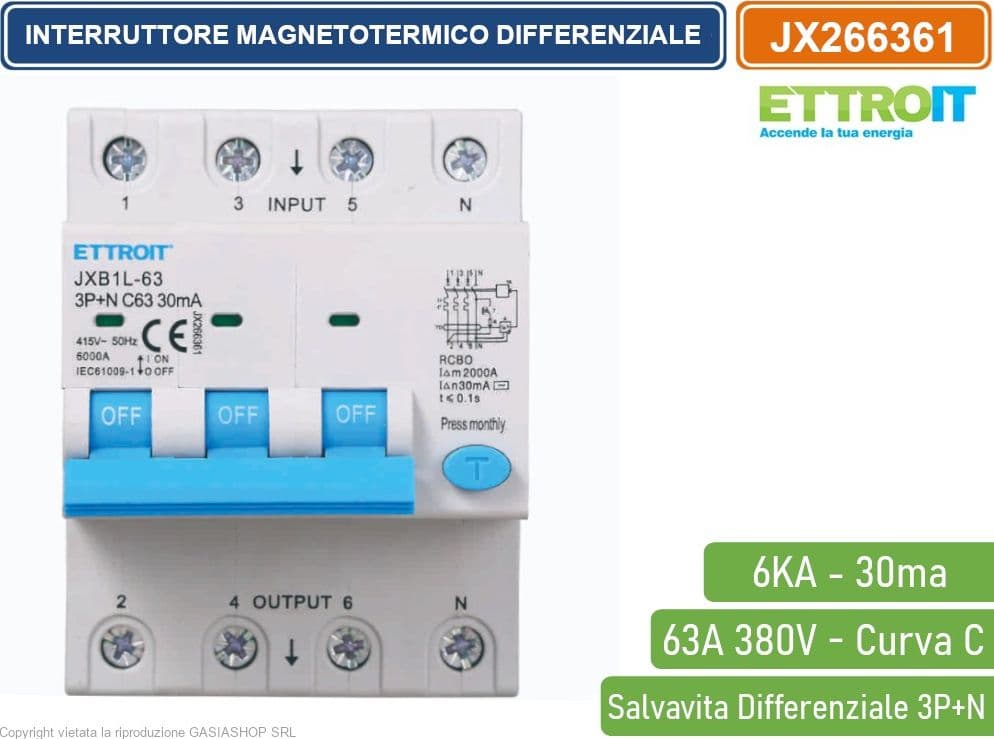 ETTROIT INTERRUTTORE MAGNETOTERMICO DIFFERENZIALE SALVAVITA PER BARRA DIN 4 MODULI 3P+N 63A C63 380V 30mA 6KA - 2