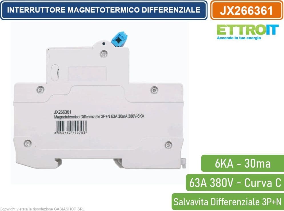 ETTROIT INTERRUTTORE MAGNETOTERMICO DIFFERENZIALE SALVAVITA PER BARRA DIN 4 MODULI 3P+N 63A C63 380V 30mA 6KA - 3
