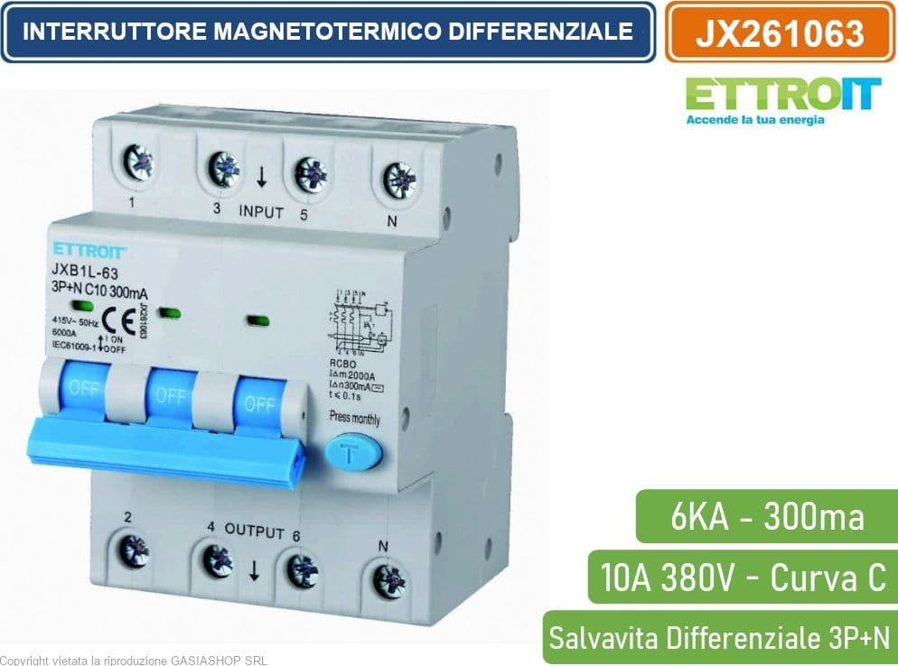 ETTROIT INTERRUTTORE MAGNETOTERMICO DIFFERENZIALE SALVAVITA PER BARRA DIN 4 MODULI 3P+N 10A C10 380V 300mA 6KA - 4