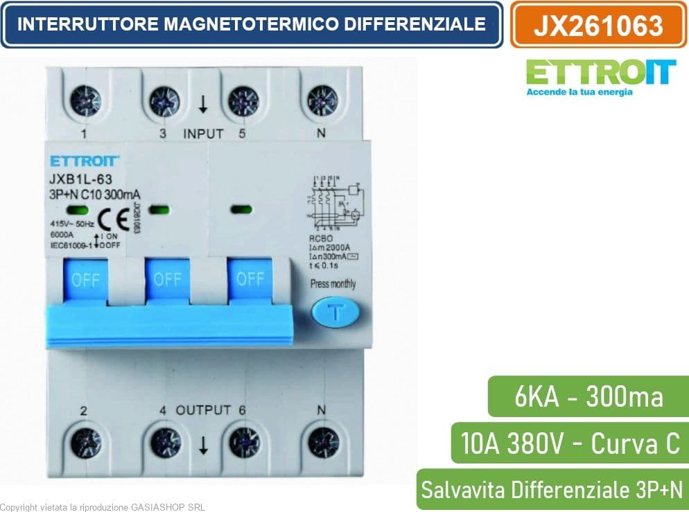 ETTROIT INTERRUTTORE MAGNETOTERMICO DIFFERENZIALE SALVAVITA PER BARRA DIN 4 MODULI 3P+N 10A C10 380V 300mA 6KA - 2
