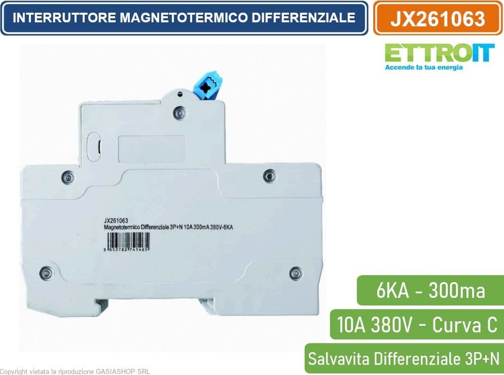 ETTROIT INTERRUTTORE MAGNETOTERMICO DIFFERENZIALE SALVAVITA PER BARRA DIN 4 MODULI 3P+N 10A C10 380V 300mA 6KA - 3