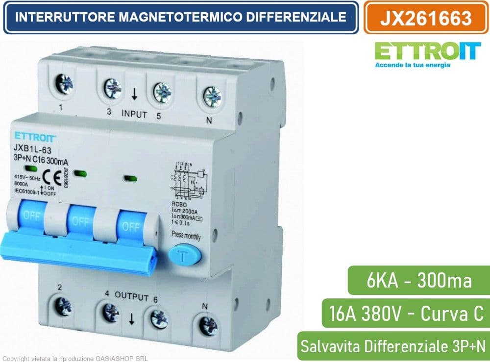 ETTROIT INTERRUTTORE MAGNETOTERMICO DIFFERENZIALE SALVAVITA PER BARRA DIN 4 MODULI 3P+N 16A C16 380V 300mA 6KA