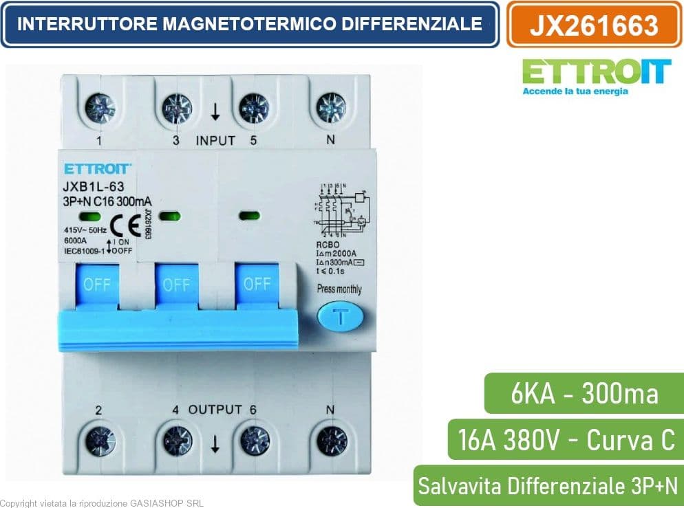 ETTROIT INTERRUTTORE MAGNETOTERMICO DIFFERENZIALE SALVAVITA PER BARRA DIN 4 MODULI 3P+N 16A C16 380V 300mA 6KA - 2
