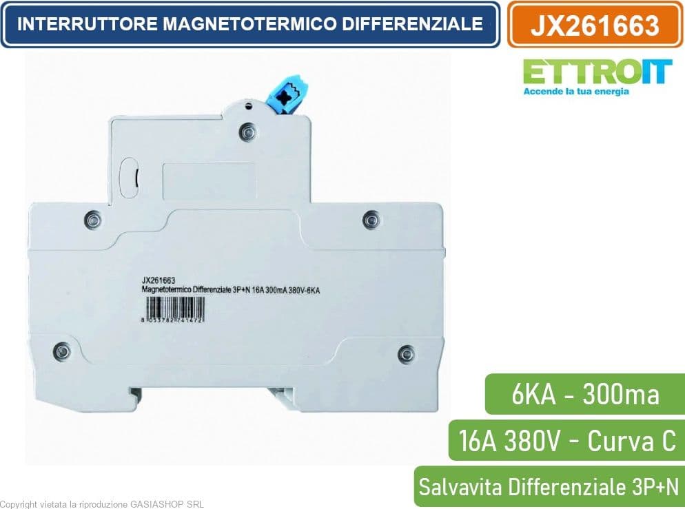 ETTROIT INTERRUTTORE MAGNETOTERMICO DIFFERENZIALE SALVAVITA PER BARRA DIN 4 MODULI 3P+N 16A C16 380V 300mA 6KA - 3