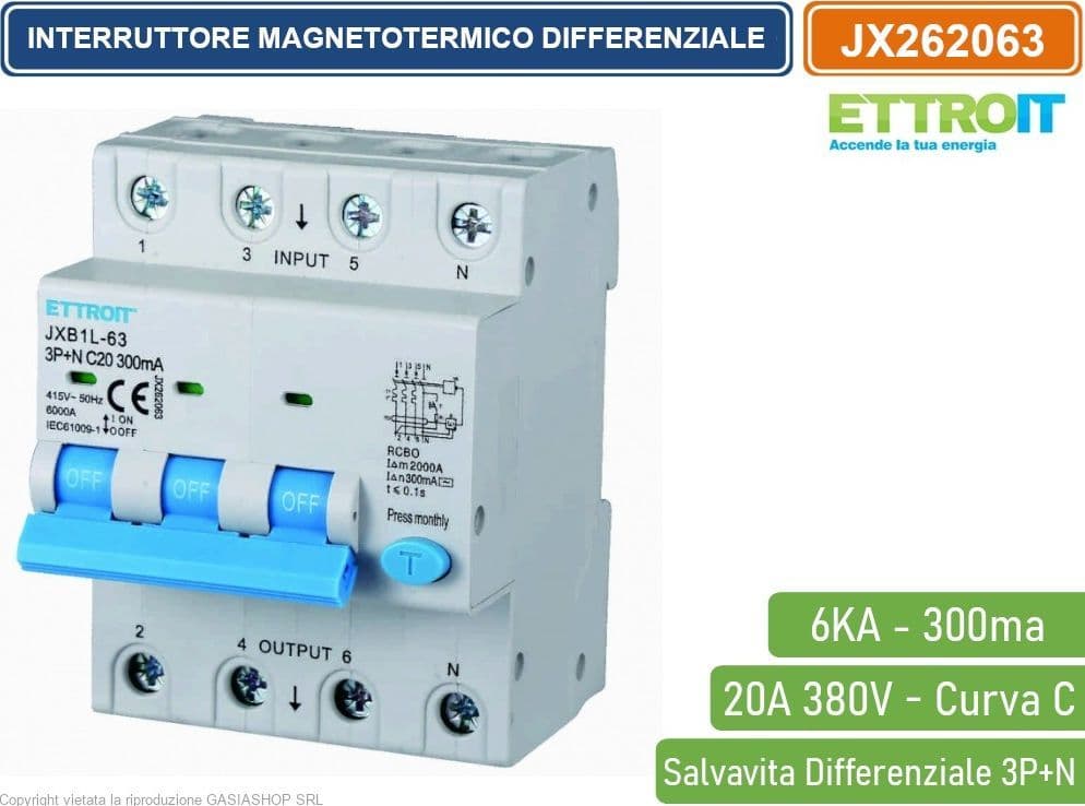 ETTROIT INTERRUTTORE MAGNETOTERMICO DIFFERENZIALE SALVAVITA PER BARRA DIN 4 MODULI 3P+N 20A C20 380V 300mA 6KA - 4