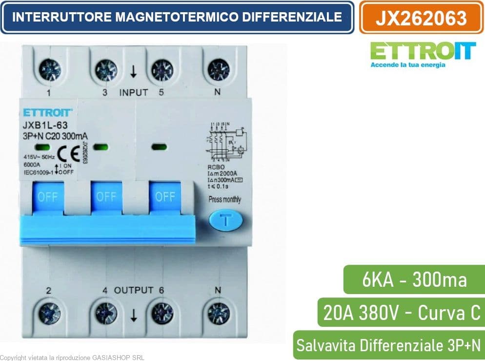 ETTROIT INTERRUTTORE MAGNETOTERMICO DIFFERENZIALE SALVAVITA PER BARRA DIN 4 MODULI 3P+N 20A C20 380V 300mA 6KA - 2