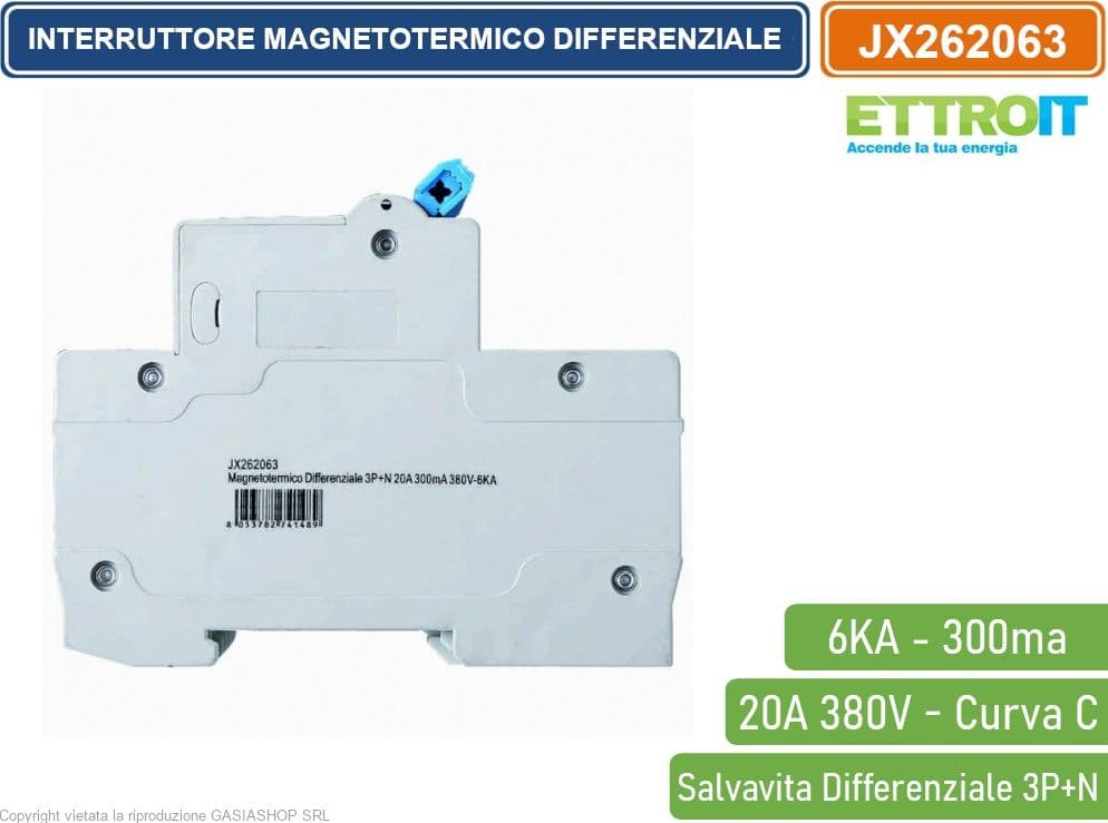 ETTROIT INTERRUTTORE MAGNETOTERMICO DIFFERENZIALE SALVAVITA PER BARRA DIN 4 MODULI 3P+N 20A C20 380V 300mA 6KA - 3