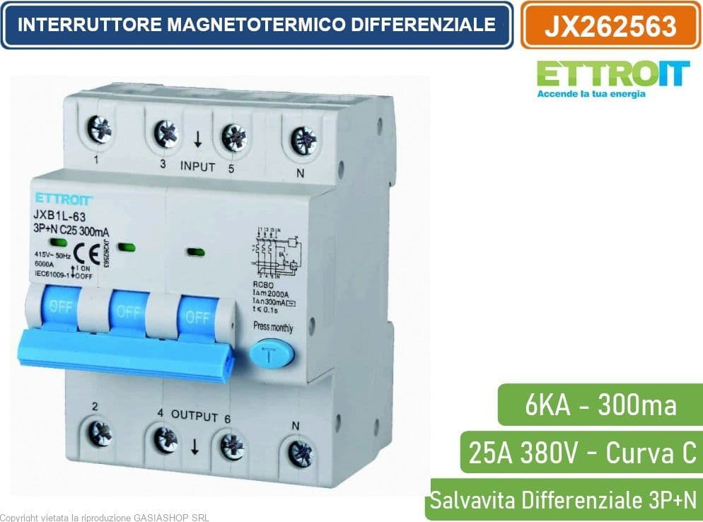 ETTROIT INTERRUTTORE MAGNETOTERMICO DIFFERENZIALE SALVAVITA PER BARRA DIN 4 MODULI 3P+N 25A C25 380V 300mA 6KA - 4