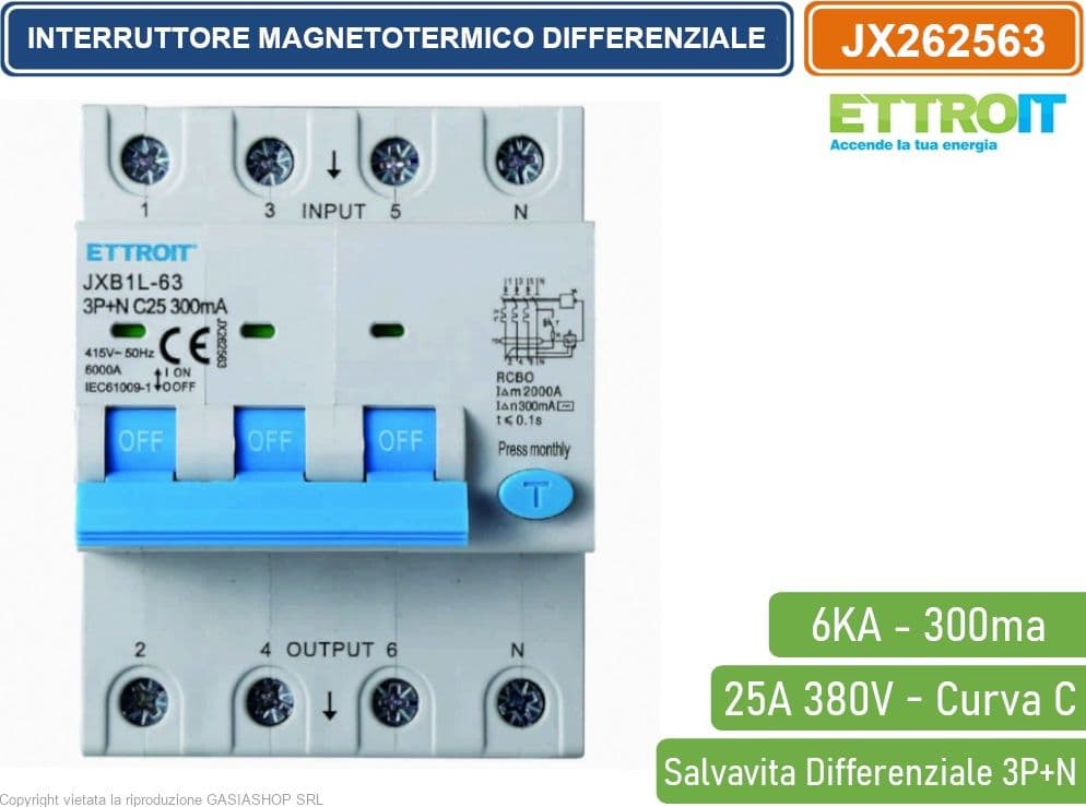 ETTROIT INTERRUTTORE MAGNETOTERMICO DIFFERENZIALE SALVAVITA PER BARRA DIN 4 MODULI 3P+N 25A C25 380V 300mA 6KA - 2