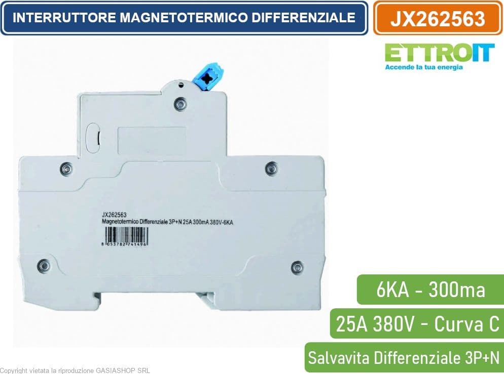 ETTROIT INTERRUTTORE MAGNETOTERMICO DIFFERENZIALE SALVAVITA PER BARRA DIN 4 MODULI 3P+N 25A C25 380V 300mA 6KA - 3