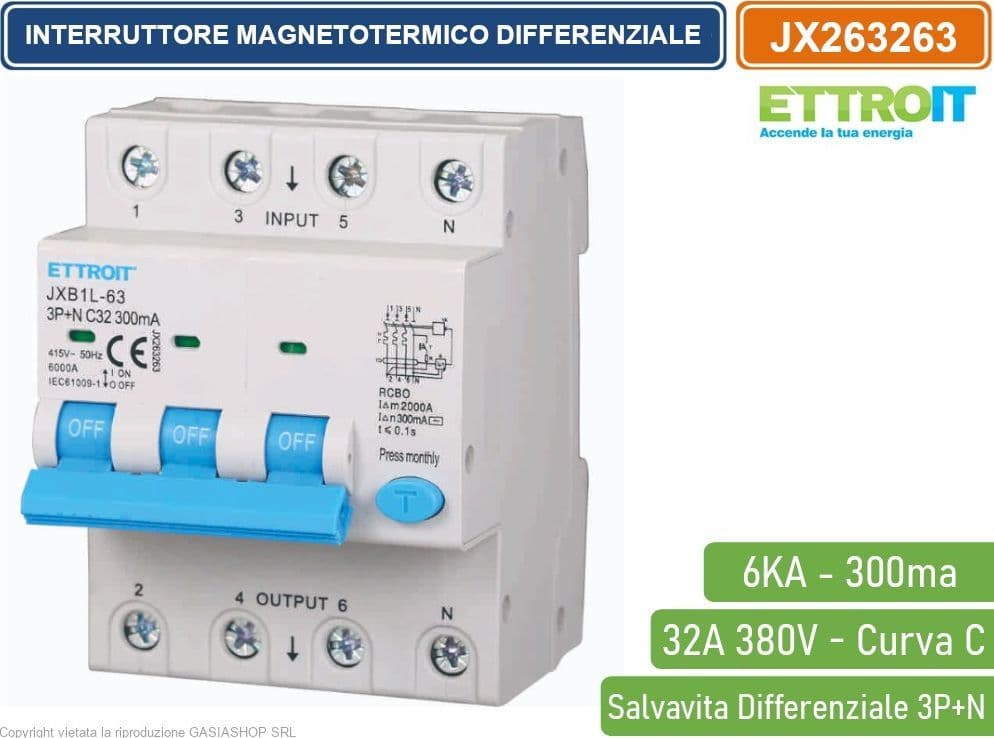ETTROIT INTERRUTTORE MAGNETOTERMICO DIFFERENZIALE SALVAVITA PER BARRA DIN 4 MODULI 3P+N 32A C32 380V 300mA 6KA - 4