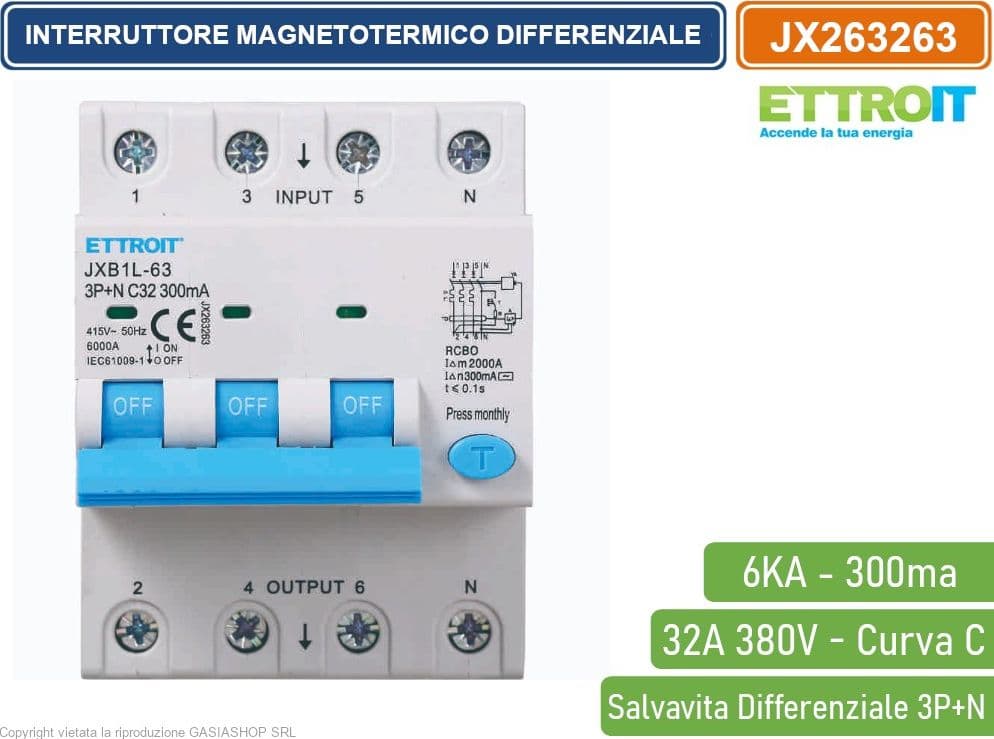 ETTROIT INTERRUTTORE MAGNETOTERMICO DIFFERENZIALE SALVAVITA PER BARRA DIN 4 MODULI 3P+N 32A C32 380V 300mA 6KA - 2