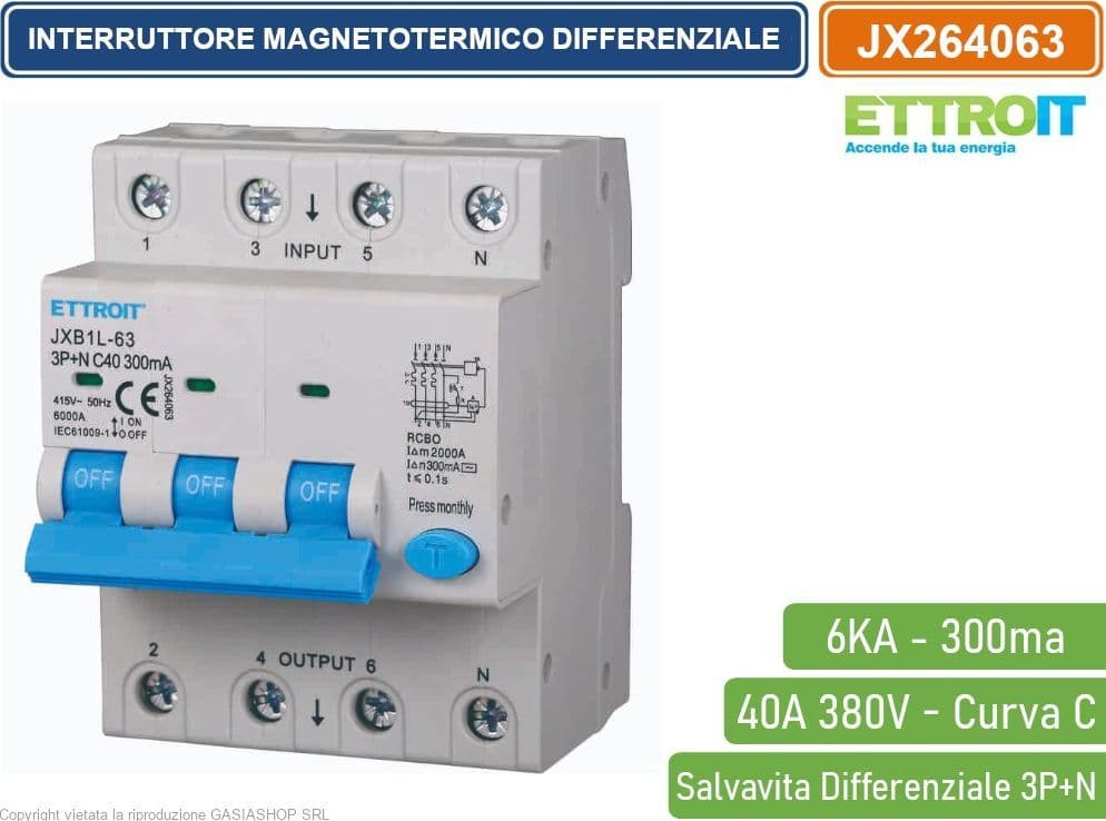 ETTROIT INTERRUTTORE MAGNETOTERMICO DIFFERENZIALE SALVAVITA PER BARRA DIN 4 MODULI 3P+N 40A C40 380V 300mA 6KA - 4