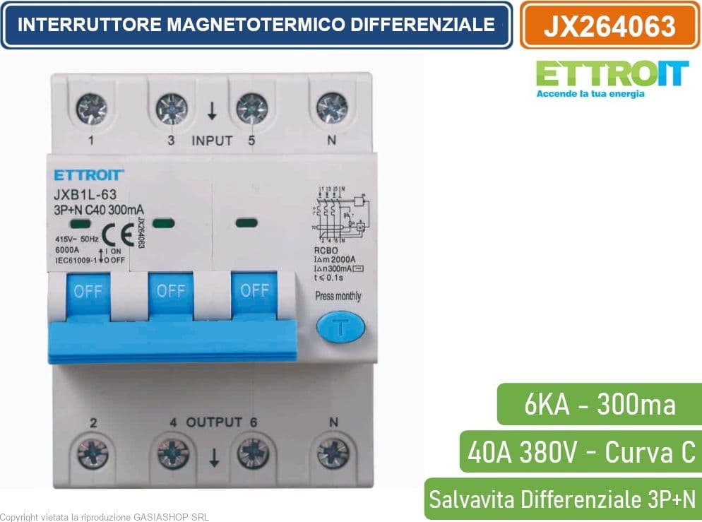 ETTROIT INTERRUTTORE MAGNETOTERMICO DIFFERENZIALE SALVAVITA PER BARRA DIN 4 MODULI 3P+N 40A C40 380V 300mA 6KA - 2