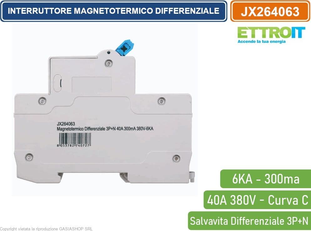 ETTROIT INTERRUTTORE MAGNETOTERMICO DIFFERENZIALE SALVAVITA PER BARRA DIN 4 MODULI 3P+N 40A C40 380V 300mA 6KA - 3