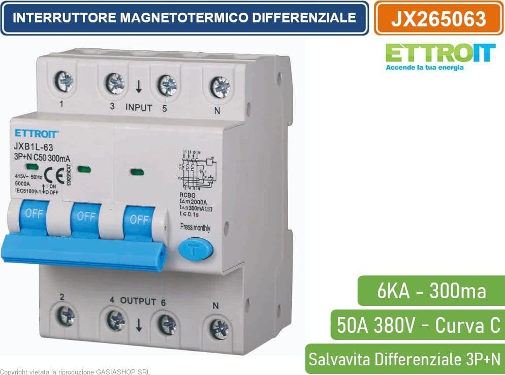 ETTROIT INTERRUTTORE MAGNETOTERMICO DIFFERENZIALE SALVAVITA PER BARRA DIN 4 MODULI 3P+N 50A C50 380V 300mA 6KA - 4
