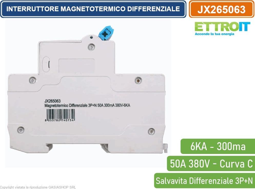 ETTROIT INTERRUTTORE MAGNETOTERMICO DIFFERENZIALE SALVAVITA PER BARRA DIN 4 MODULI 3P+N 50A C50 380V 300mA 6KA - 3