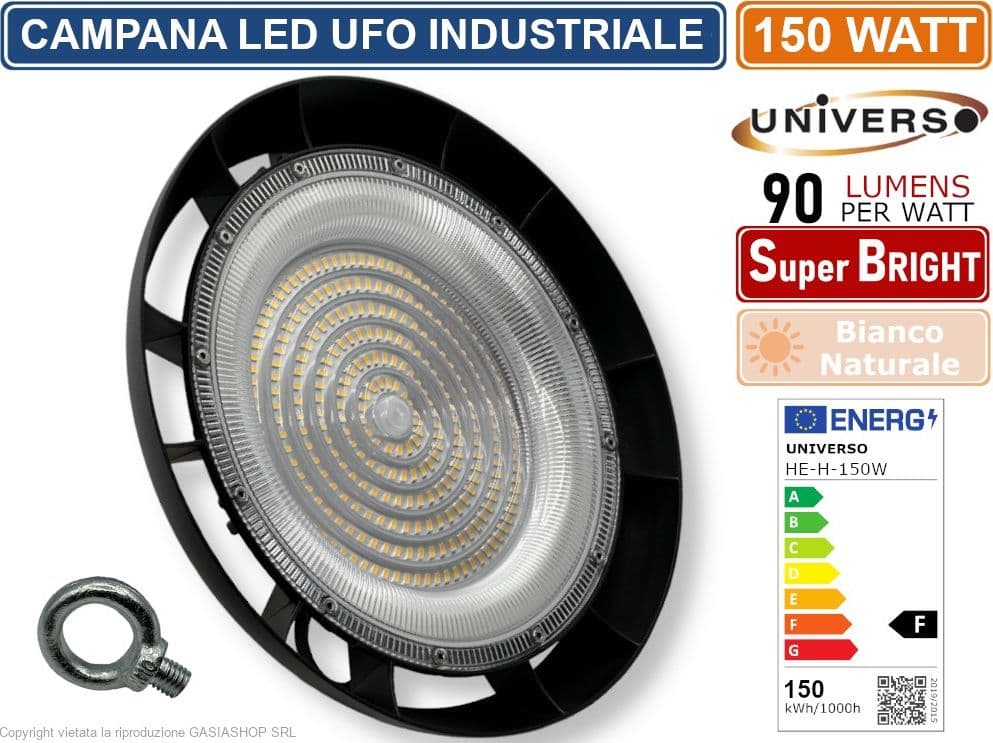 UNIVERSO HE-150W-N CAMPANA LED UFO LAMPADA INDUSTRIALE A SOSPENSIONE ULTRA SLIM 150W DA ESTERNO IP65 13.500 LUMEN