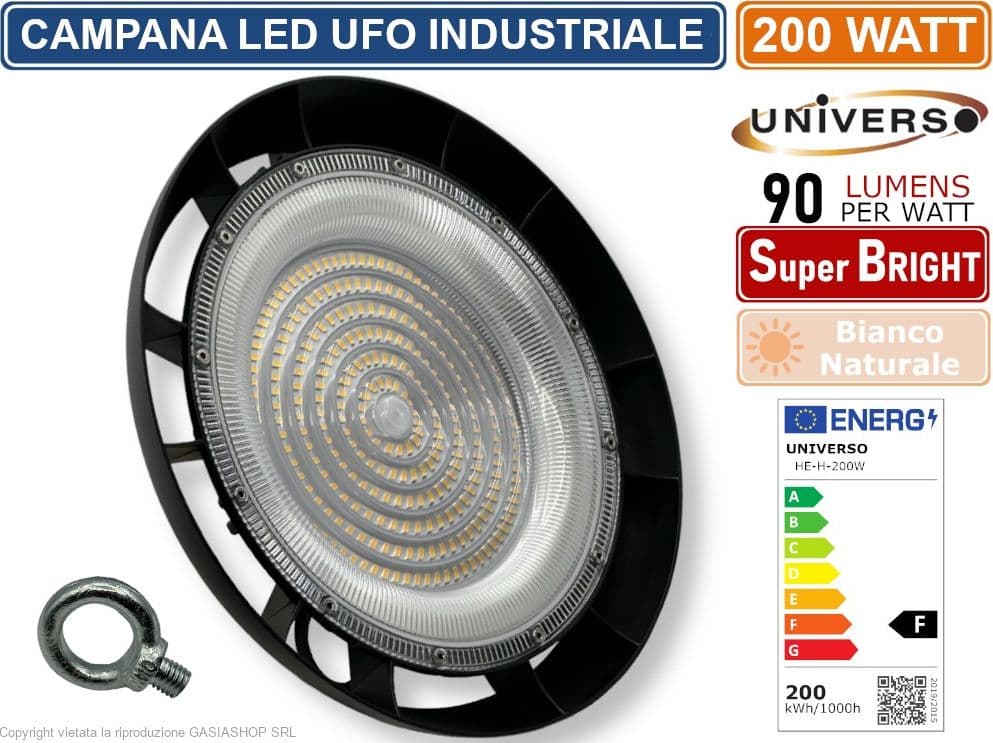 UNIVERSO HE-200W-N CAMPANA LED UFO LAMPADA INDUSTRIALE A SOSPENSIONE ULTRA SLIM 200W DA ESTERNO IP65 18.000 LUMEN