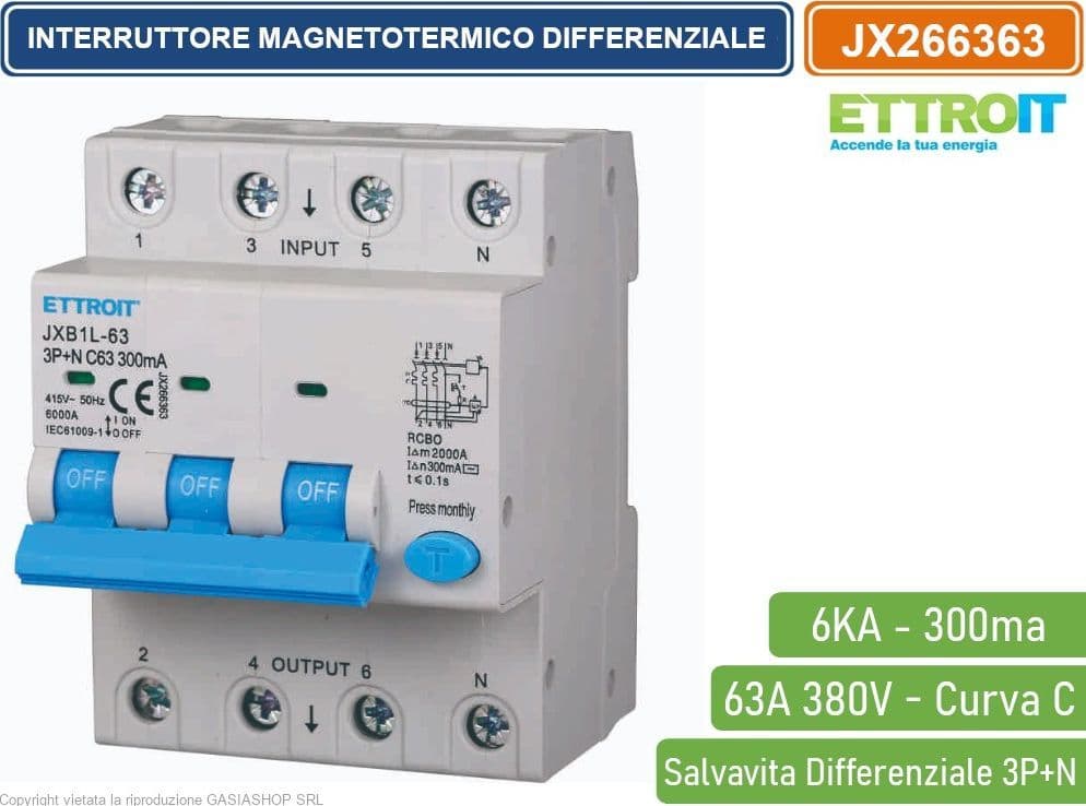 ETTROIT INTERRUTTORE MAGNETOTERMICO DIFFERENZIALE SALVAVITA PER BARRA DIN 4 MODULI 3P+N 63A C63 380V 300mA 6KA - 4