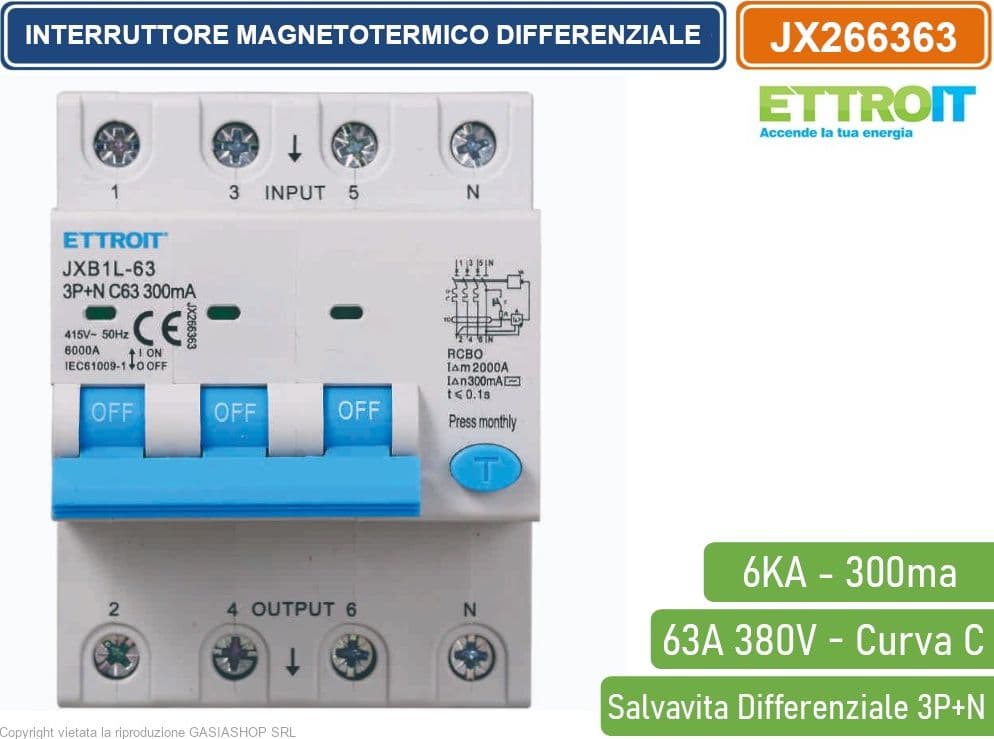 ETTROIT INTERRUTTORE MAGNETOTERMICO DIFFERENZIALE SALVAVITA PER BARRA DIN 4 MODULI 3P+N 63A C63 380V 300mA 6KA - 2