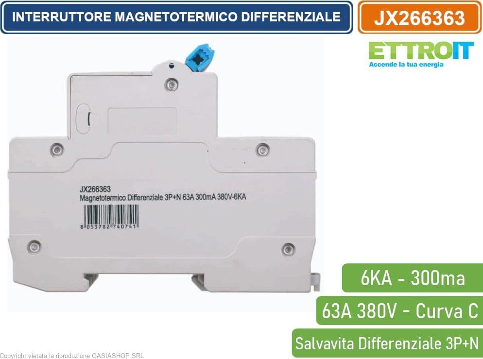 ETTROIT INTERRUTTORE MAGNETOTERMICO DIFFERENZIALE SALVAVITA PER BARRA DIN 4 MODULI 3P+N 63A C63 380V 300mA 6KA - 3