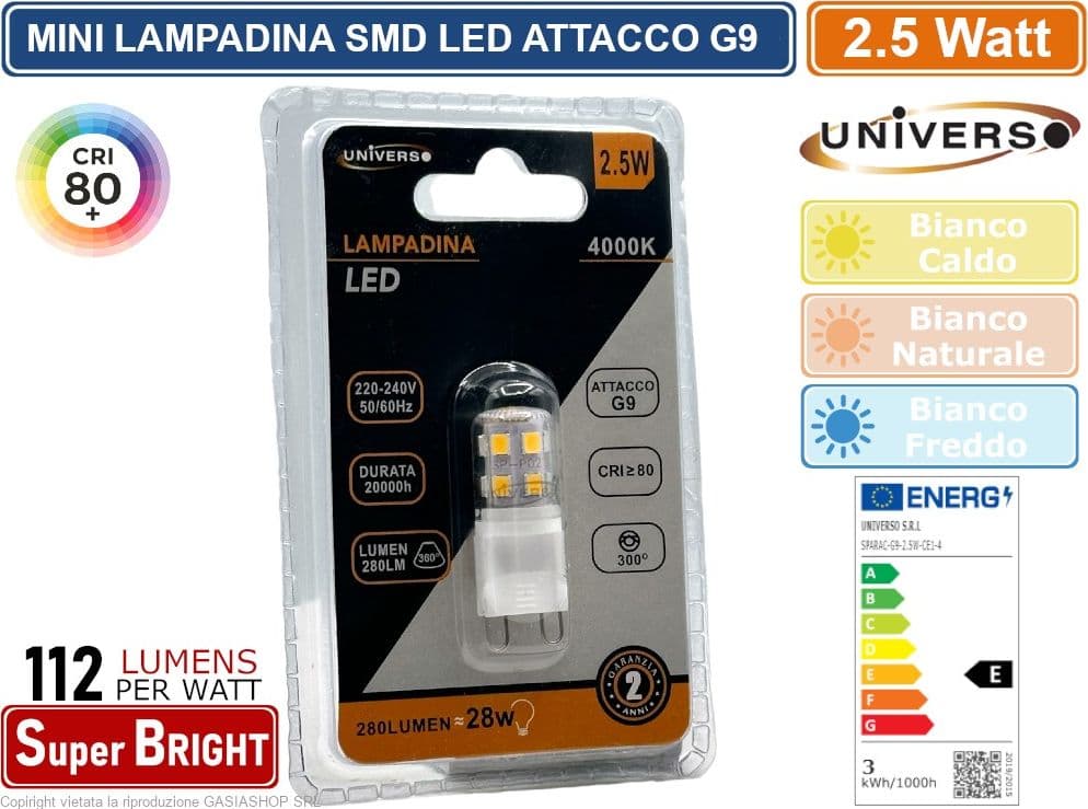 CONFEZIONE 20 PEZZI UNIVERSO SPARAC-G9-2.5W-CE1 LAMPADINA LED G9 SPOTLIGHT 2.5W TUBOLARE SMD CHIP 280 LUMEN 3000K 4000K 6500K - 2