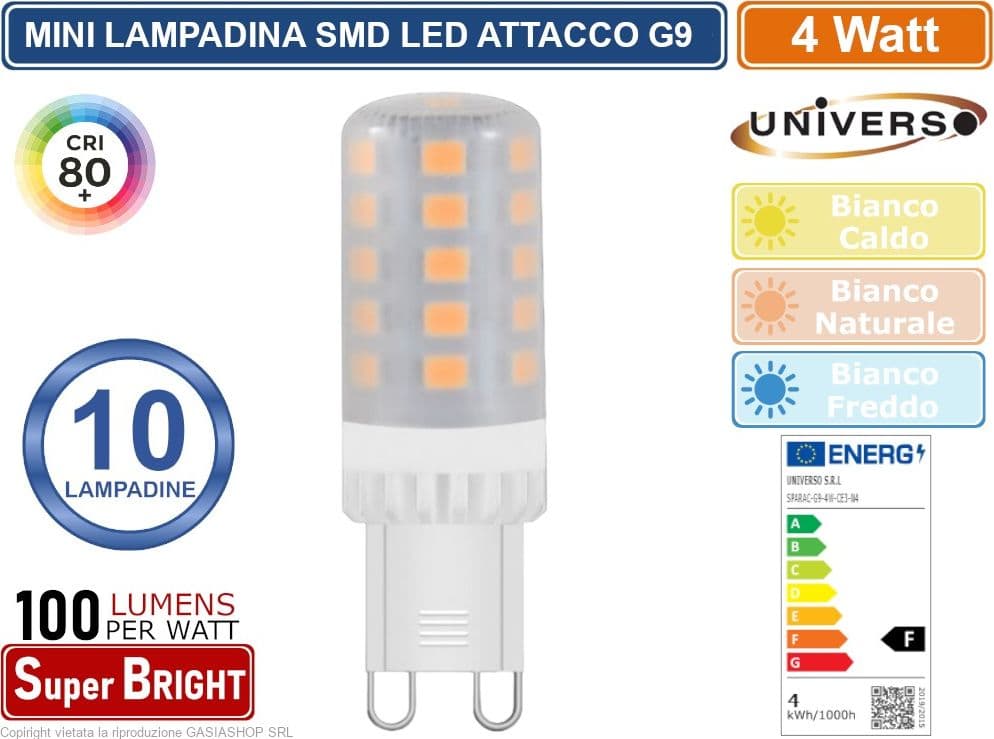 CONFEZIONE 10 PEZZI UNIVERSO SPARAC-G9-4W-CE3-N LAMPADINA LED G9 SPOTLIGHT 4W TUBOLARE SMD CHIP 400 LUMEN 3000K 4000K 6500K