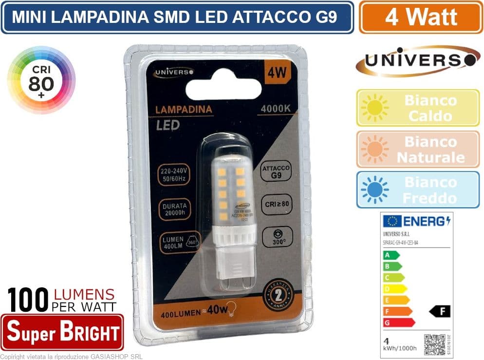 CONFEZIONE 10 PEZZI UNIVERSO SPARAC-G9-4W-CE3-N LAMPADINA LED G9 SPOTLIGHT 4W TUBOLARE SMD CHIP 400 LUMEN 3000K 4000K 6500K - 2