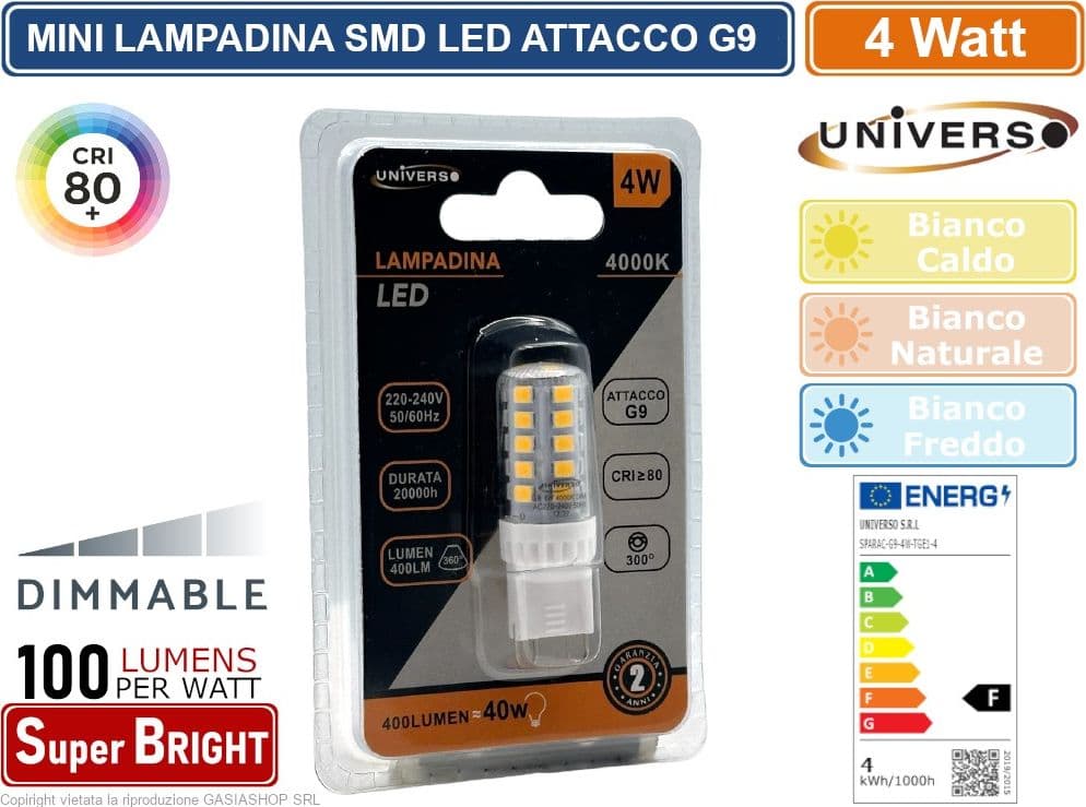 CONFEZIONE 15 PEZZI UNIVERSO SPARAC-G9-4W-TGE1 LAMPADINA LED G9 DIMMERABILE SPOTLIGHT 4W TUBOLARE SMD CHIP 400 LUMEN 3000K 4000K 6500K - 2