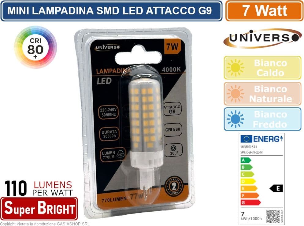 CONFEZIONE 15 PEZZI UNIVERSO SPARAC-G9-7W-CE2-N LAMPADINA LED G9 SPOTLIGHT 7W TUBOLARE SMD CHIP 770 LUMEN 3000K 4000K 6500K - 2