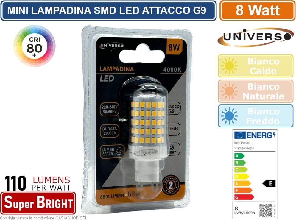 CONFEZIONE 15 PEZZI UNIVERSO SPARAC-G9-8W-001 LAMPADINA LED G9 SPOTLIGHT 8W TUBOLARE SMD CHIP 880 LUMEN 3000K 4000K 6500K - 2