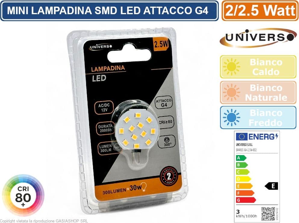 CONFEZIONE 15 PEZZI UNIVERSO G4-09 LAMPADINA LED G4 SPOTLIGHT 2/2.5W BULD DISC SMD CHIP  3000K 4000K 6500K - 2