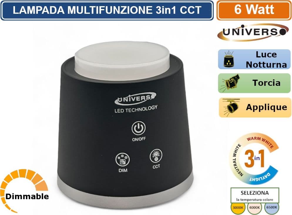 BL-1005-N LAMPADA MULTIFUNZIONE RICARICABILE DA TAVOLO 6W DIMMERABILE CCT 3 IN 1 TEMPERATURA LUCE SELEZIONABILE - 2