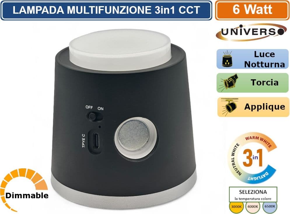 BL-1005-N LAMPADA MULTIFUNZIONE RICARICABILE DA TAVOLO 6W DIMMERABILE CCT 3 IN 1 TEMPERATURA LUCE SELEZIONABILE - 3