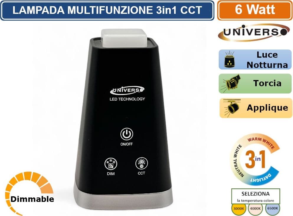 BL-1008-N LAMPADA MULTIFUNZIONE RICARICABILE DA TAVOLO 6W DIMMERABILE CCT 3 IN 1 TEMPERATURA LUCE SELEZIONABILE - 2