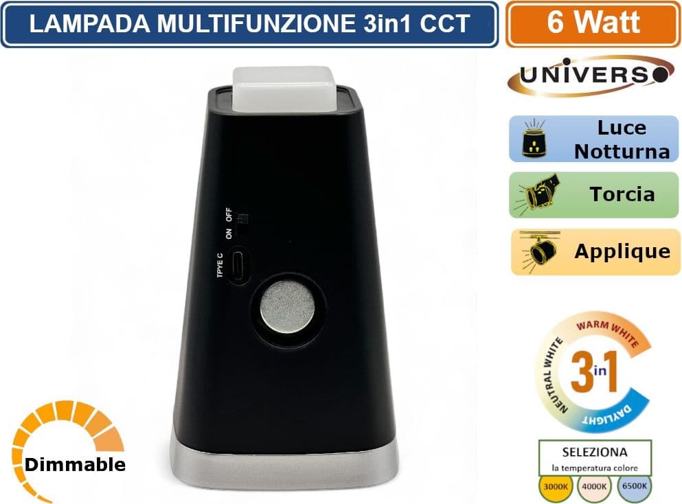 BL-1008-N LAMPADA MULTIFUNZIONE RICARICABILE DA TAVOLO 6W DIMMERABILE CCT 3 IN 1 TEMPERATURA LUCE SELEZIONABILE - 3