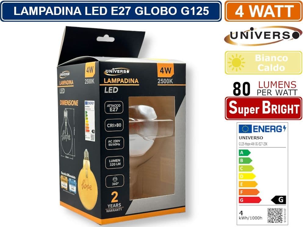 UNIVERSO G125-HOPE LAMPADINA E27 FILAMENTO LED SCRITTA HOPE 4W GLOBO G125 VETRO AMBRATO 2500K - 2