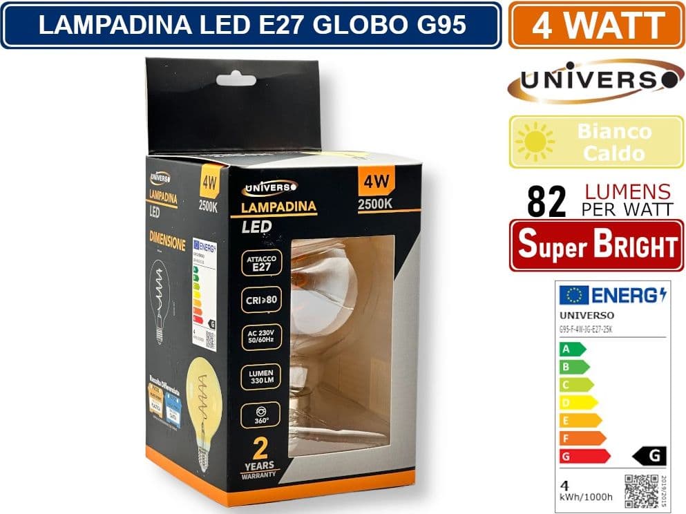 UNIVERSO G95-S-OC LAMPADINA LED E27 4W GLOBO G95 FILAMENT VETRO AMBRATO BIANCO CALDO 2500K - 2