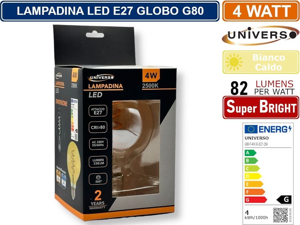 UNIVERSO G80-S-OC LAMPADINA LED E27 4W GLOBO G80 FILAMENT VETRO AMBRATO BIANCO CALDO 2500K - 2