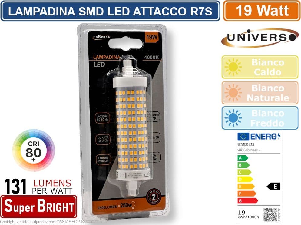 UNIVERSO R7S-19W-001 LAMPADINA LED R7S 19W TUBOLARE 118MM SMD 2500 LUMEN 3000K 4000K-6500K - 2